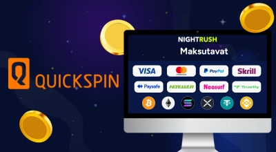 Kannettava tietokone näyttää maksutavat, Quickspin-logo.