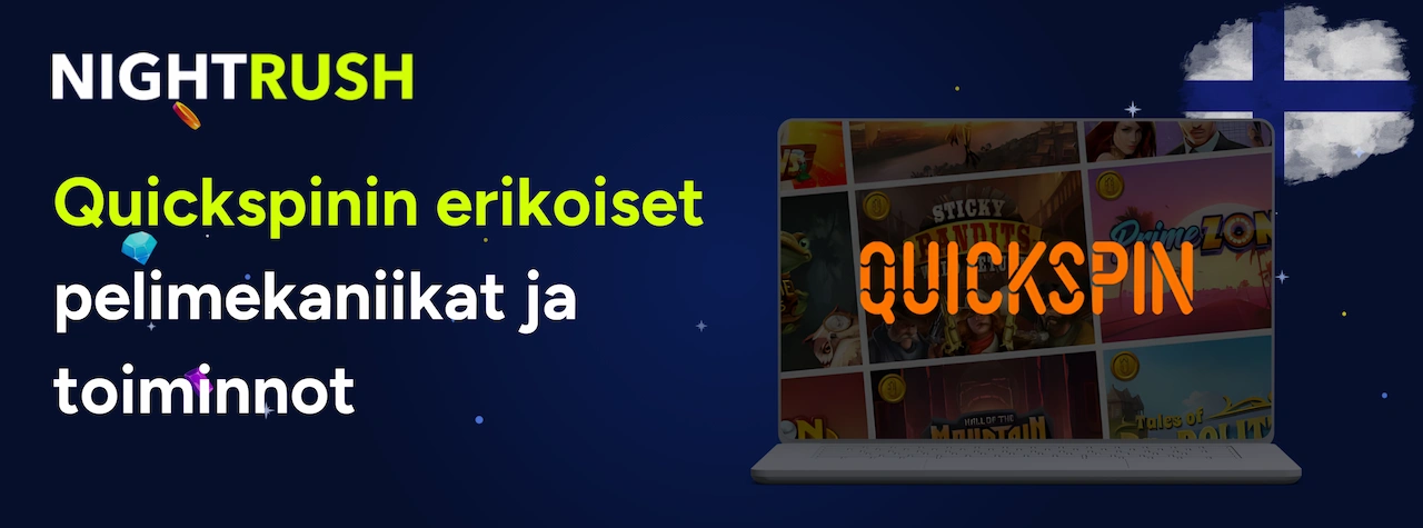 Nightrushin mainos Quickspinin erikoisista pelimekaniikoista ja toiminnoista, Suomen lippu taustalla.