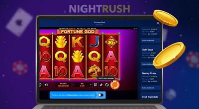 Kannettavan näytöllä Fortune God -kolikkopeli kelluvien kultakolikoiden vieressä.