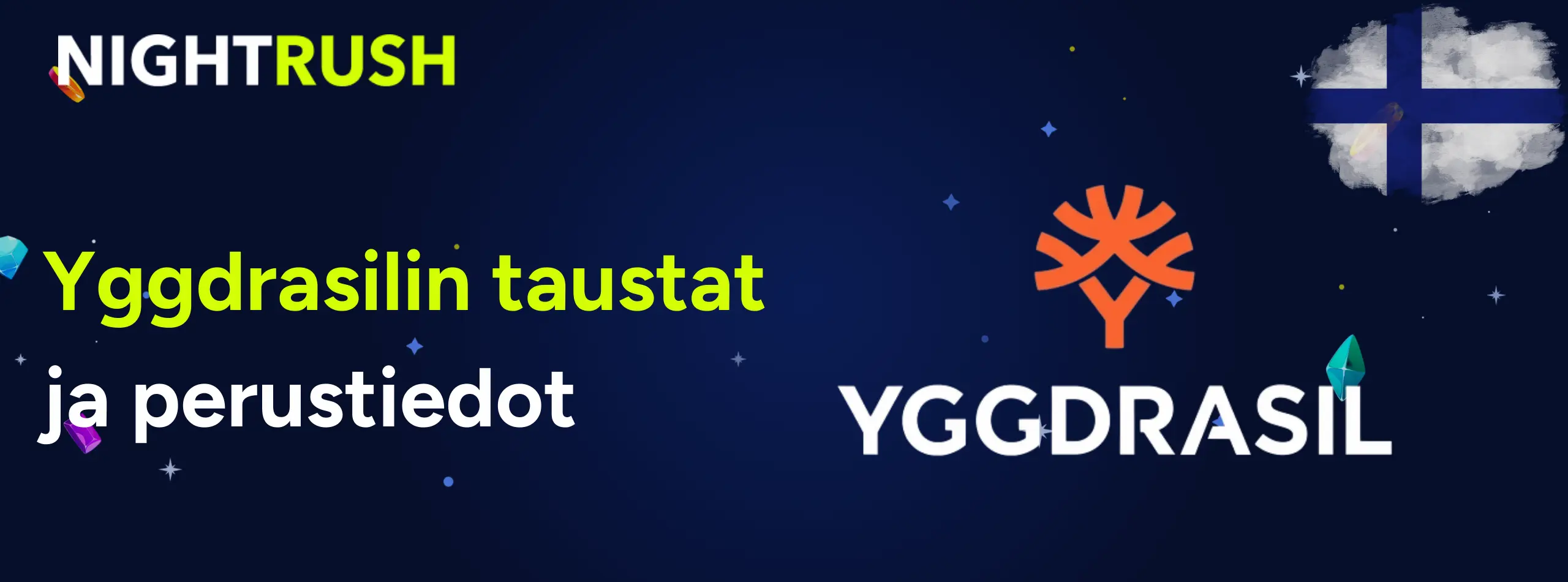 Nightrushin mainos Yggdrasilista, joka käsittelee sen taustoja ja perustietoja, Suomen lippu taustalla.