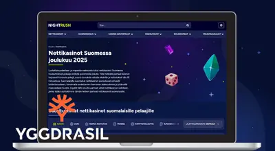 Kannettava tietokone näyttää Nightrush-verkkosivuston, Yggdrasilin logon.