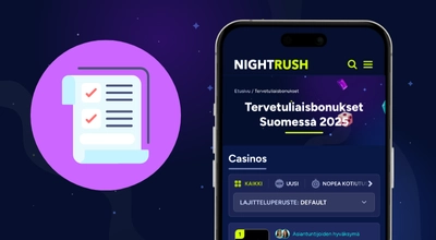 Puhelin näyttää NIGHTRUSH-kasinon sivuston checklist-kuvakkeen vieressä.