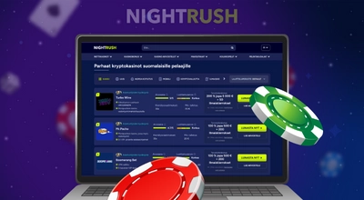 Kannettava näyttää NIGHTRUSH-sivuston kasinolistauksineen ja kahden suuren pelikortin kanssa.