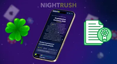 Älypuhelin, jossa verkkokasino, nelilehtinen apila ja sertifikaattikuvake.