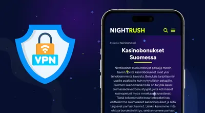 Kasinomainos näyttää kilven VPN-lukolla ja puhelimen, jossa heidän verkkosivustonsa.