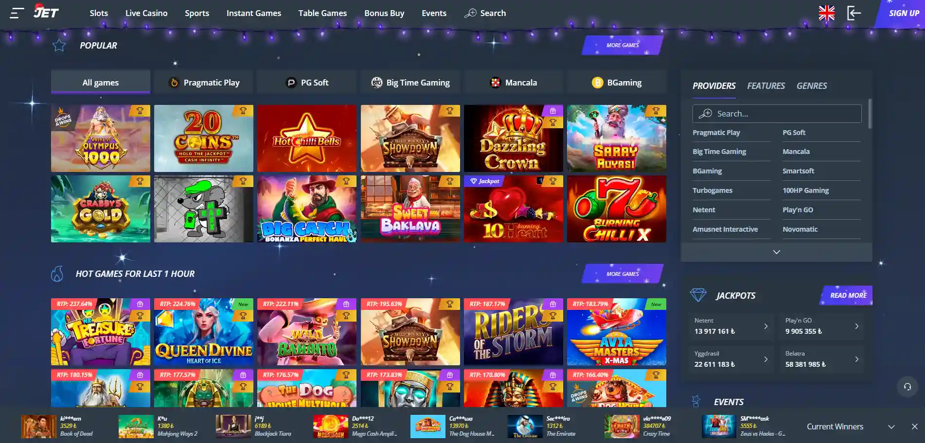 Jet Casinon kolikkopelien sivu