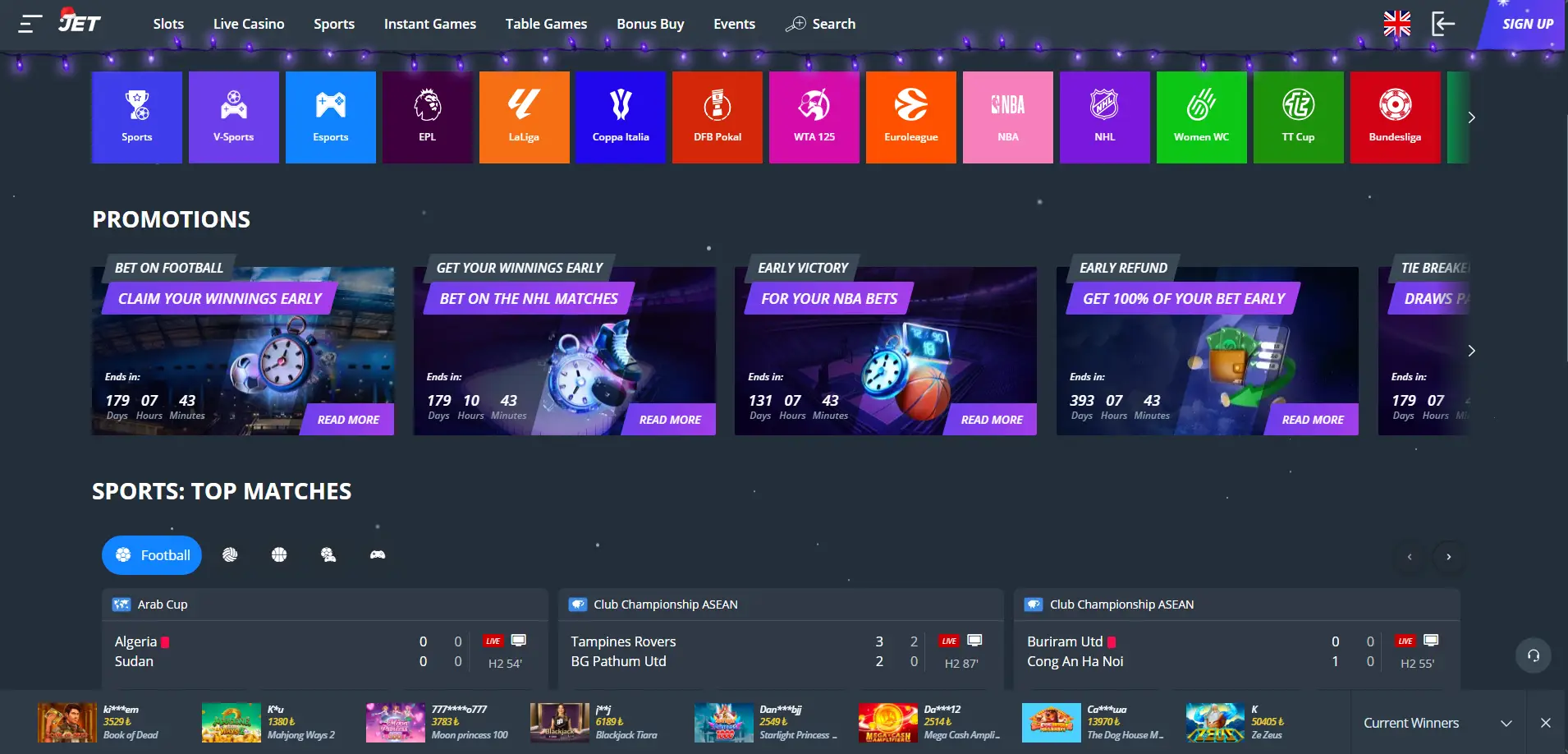 Jet Casinon urheiluvedonlyöntisivu