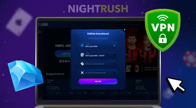 Kannettava tietokone näyttää bonusvalinnan NIGHTRUSH-sivustolla VPN-kuvakkeen vieressä.