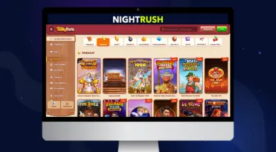 Kannettava tietokone näyttää verkkokasinon pelivalikon useine kolikkopelien nimineen.