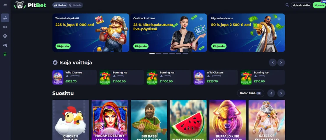 Pitbet Casinon kotisivu