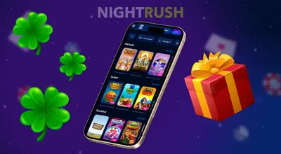 Älypuhelin näyttää kasinopelin valikon useine kolikkopeleineen, kolmen nelilehtisen apilan ja lahjapaketin vieressä.