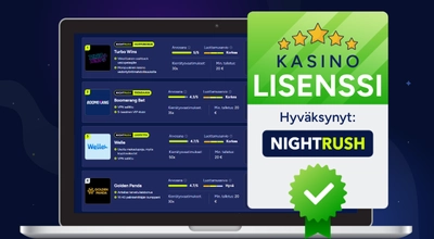 Kannettava tietokone, jossa on kasinoluettelo ja kasinolisenssi tähtitaustalla.