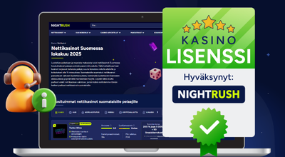 Kasino-lisenssi, Nightrush-verkkosivusto ja asiakaspalvelun logo kannettavalla tietokoneella.