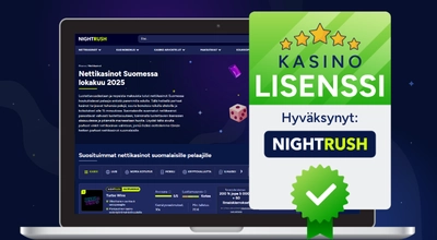 Nightrush-verkkosivusto, jossa on kasinoita kannettavalla tietokoneella ja kasinolisenssi.