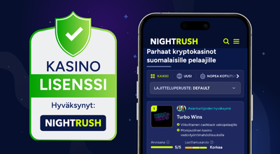 Nightrush-kasinoluettelo puhelimessa ja kasinolisenssi tummalla taustalla.