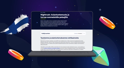 Nightrush kannettavalla tietokoneella, jossa on Suomen lippu ja kasinotarvikkeet.