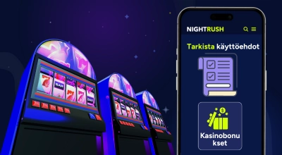 Puhelimessa näkyy bonusehdot ja sen vieressä peliautomaatit.