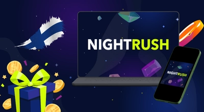 Kannettavassa tietokoneessa ja puhelimessa näkyy Nightrush-logo, Suomen lippu ja kasinon esineitä