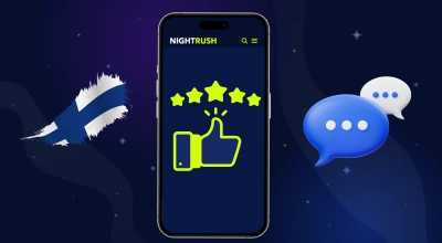 Puhelimessa näkyy Nightrush-arvostelun symboli, Suomen lippu ja keskustelupallot.
