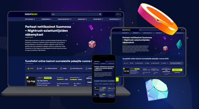 Kannettava tietokone, tabletti ja puhelin, joiden taustalla on Nightrush- ja kasinotuotteita.