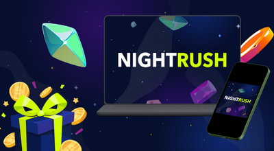 Kannettava tietokone ja puhelin näyttävät Nightrush-logon, jossa on kasinon esineitä taustalla.