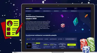 Nightrush-lista kannettavalla tietokoneella, jossa on rekisterilogo ja kasinotuotteita.