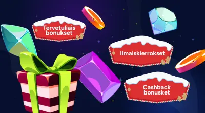 Joulun kyltit ja kasinotarvikkeet sinisellä taustalla.