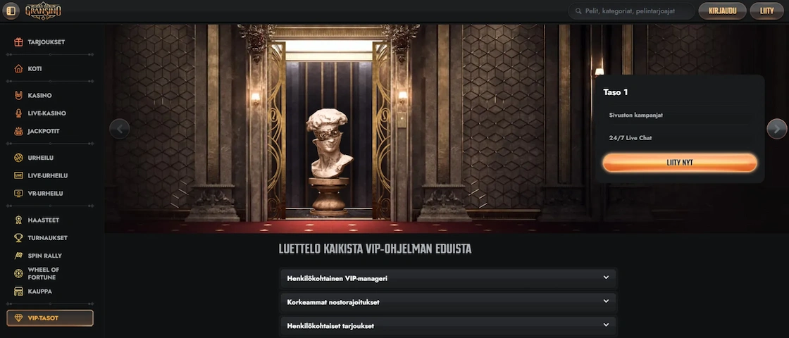Kuvakaappaus Gransino Casinon VIP-ohjelmasta.