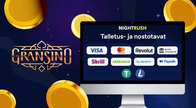 Kannettava tietokone näyttää Gransino Casinon maksutavat ja Gransinon logon.