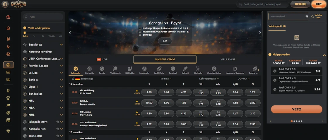 Kuvakaappaus Gransinon vedonlyöntisivustosta.