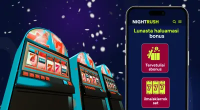 Nightrush-logo ja kasinobonukset puhelimessa, jossa on lunta ja peliautomaatteja.