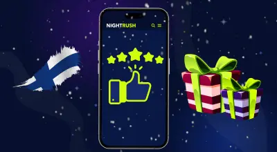 Nightrush ja arvostelukyltti ovat puhelimessa, jossa on Suomen lippu ja kaksi lahjapakkausta.
