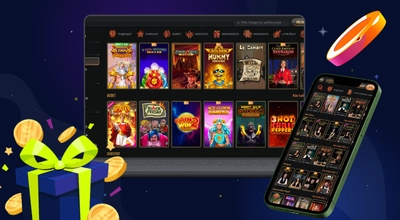 Kasinoaulat laptopilla ja puhelimessa, lahjarasia ja kolikoita.