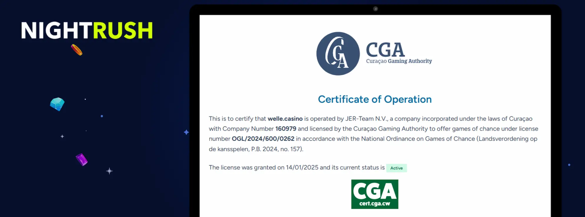 Digitaalinen toimilupa Curacaon peliviranomaiselta welle.casino-sivustolle, Nightrush-logo.