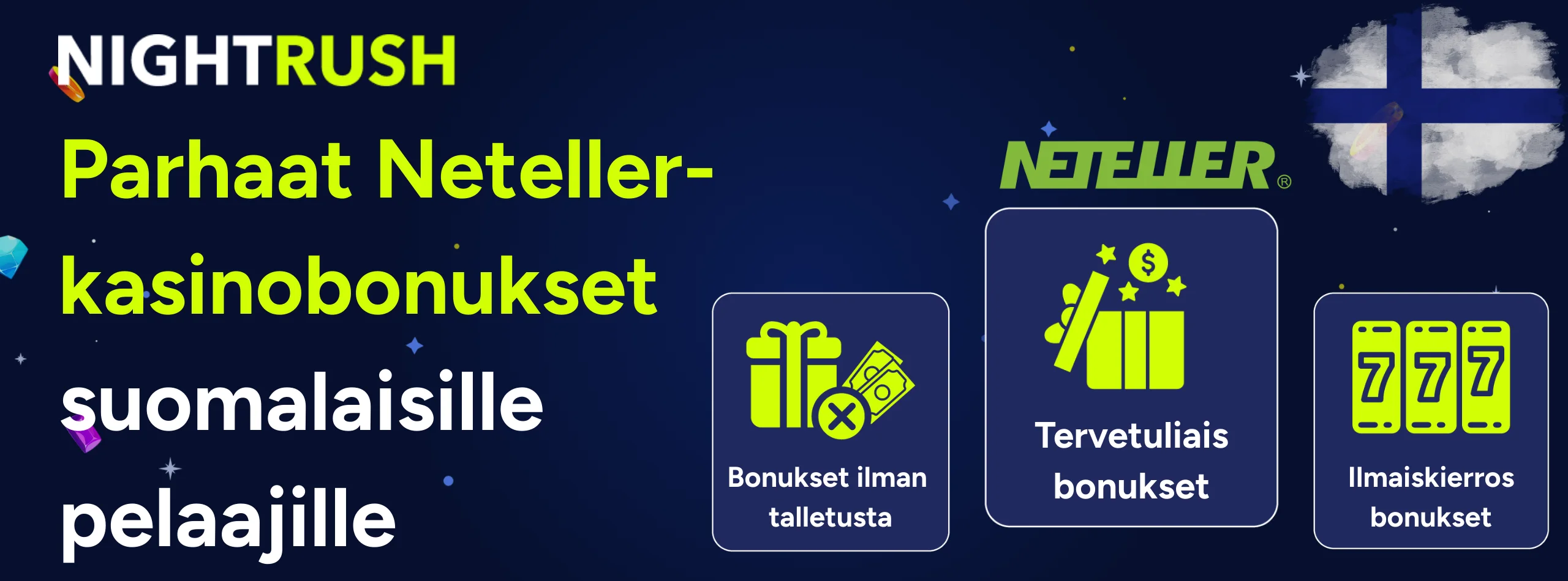 Kasinobonukset, Suomen lippu, ja teksti ”Parhaat Neteller-kasinobonukset suomalaisille pelaajille”.