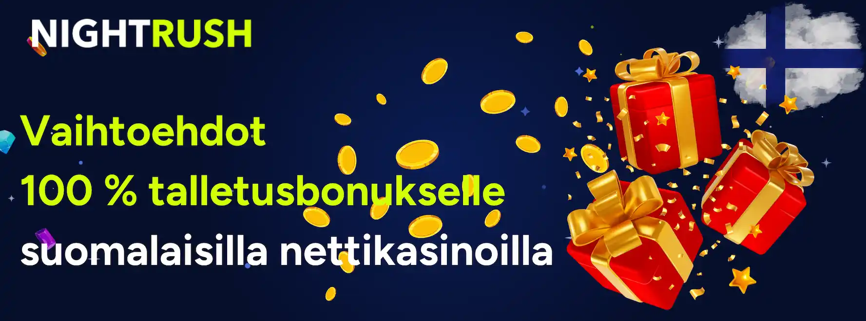  Banneri, jossa esitellään vaihtoehtoja 100 % talletusbonuskasinoille.