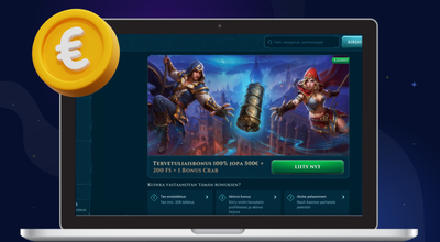 Kannettavan näytöllä 100 % tervetuliaisbonus 500 € asti + 200 FS ja Bonusrapu eurokolikon vieressä.