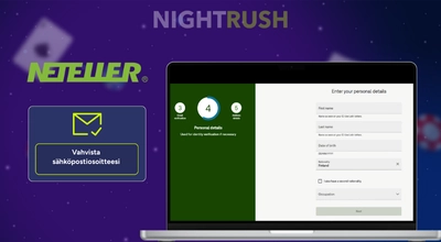 Neteller-rekisteröityminen kannettavalla tietokoneella, sähköpostivahvistus ja Neteller-logo.