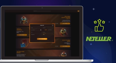 Rekisteröityminen kannettavalla tietokoneella, Neteller ja peukalo ylös -logo tummaa taustaa vasten.