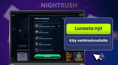 Kannettavan näytöllä on suomenkielinen kasinobonusvalikko ja Lunasta nyt -painike.