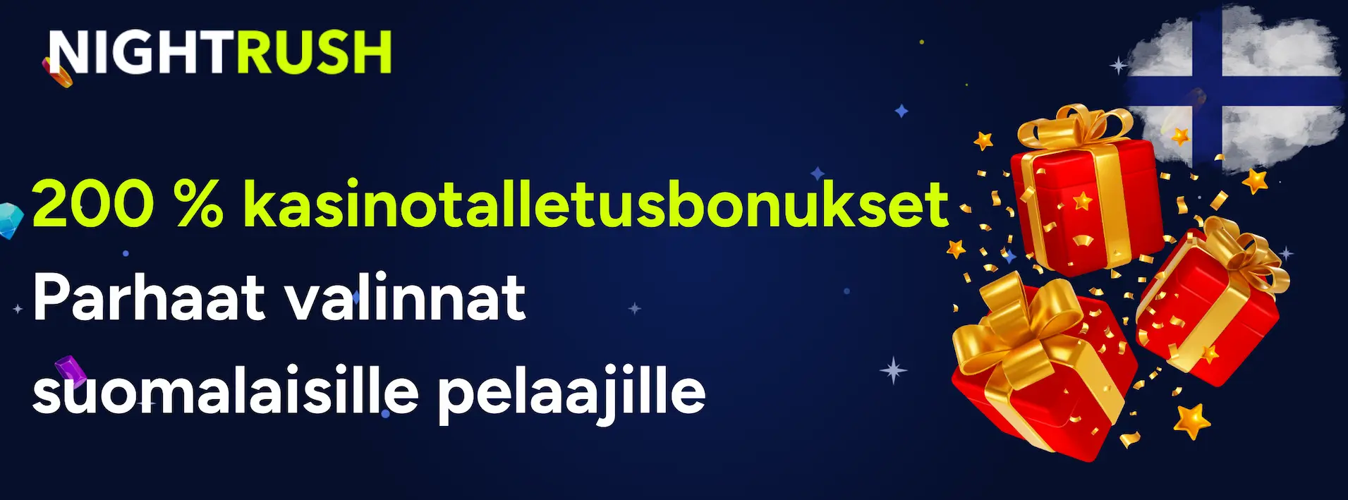 Banneri, jossa esitellään 200 % talletusbonukset suomalaisille pelaajille.