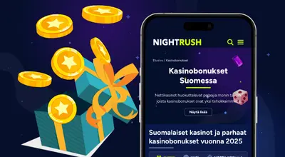 Älypuhelin näyttää tietoa Suomen kasinobonuksista vuodelle 2025.