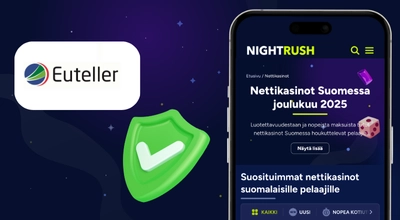 Euteller ja valintamerkki-logo Nightrush-kasinoluettelon kanssa puhelimessa.