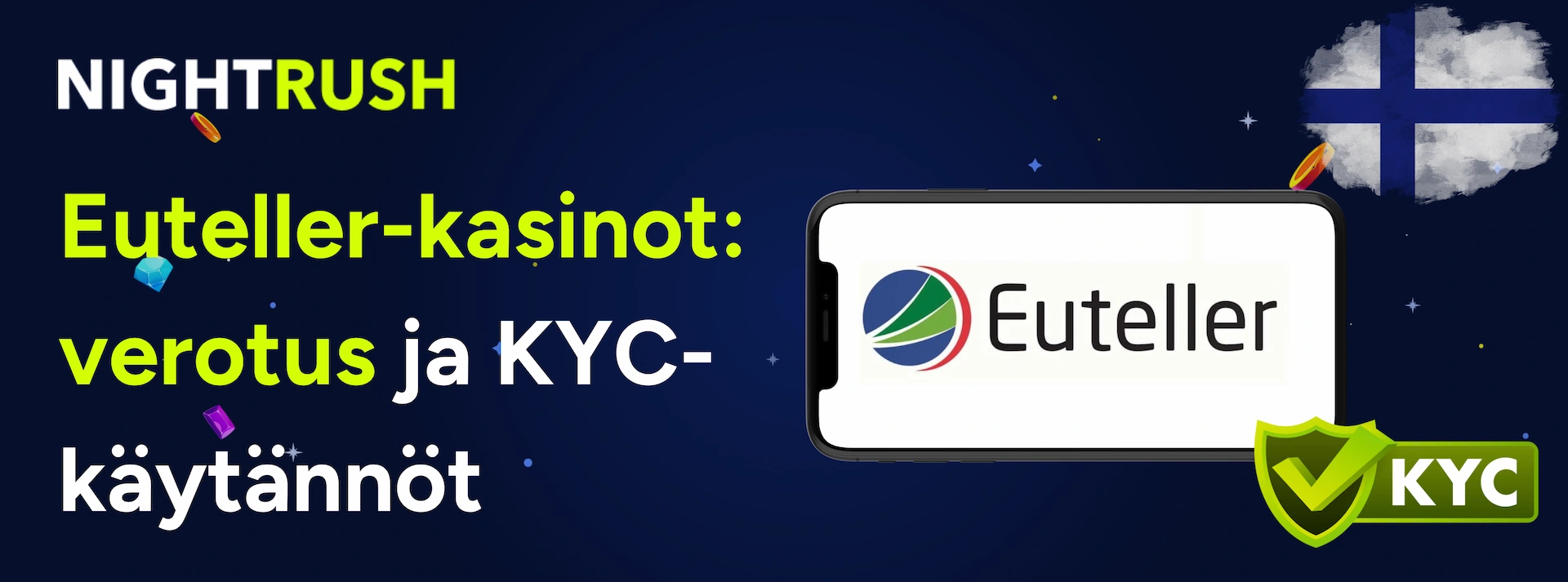 Euteller on puhelin, jossa on Euteller-kasinot: verotus ja KYC-käytännöt teksti on tumma tausta.