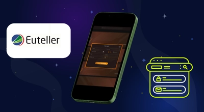 Euteller- ja rekisteröintilogot, rekisteröitymisprosessi puhelimella tummalla taustalla.
