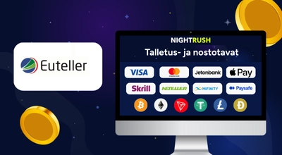 Talletusmenetelmät näytöllä, jossa on Euteller-logo ja kaksi kolikkoa.