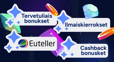 Kasino bonukset ja Euteller-logo kasinotuotteiden kanssa tummalla taustalla.