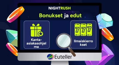 Ilmaiskierrokset ja kanta-asiakasbonukset kasinotuotteilla ja Euteller-logolla.