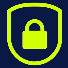 Turvallisuuslogo, jossa on keltainen kilpi sinisellä taustalla.