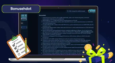 Näytöllä on suomenkieliset bonusehdot luettelona sekä lahjakuvake.